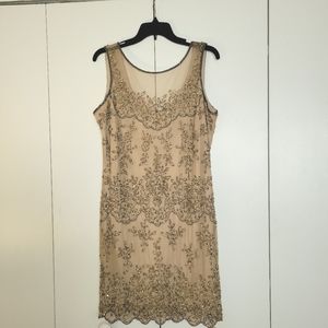 Tan Beaded Mini Cocktail Dress